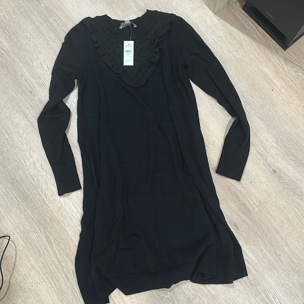 NWT NEW XS XSmall LOFT Black Long Sleeve Ruffle sweater Dress